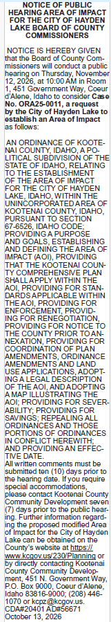 NOTICE OF PUBLIC HEARING - AREA OF IMPACT - HELD AT KOOT. COUNTY